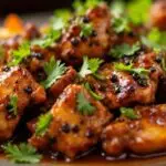Black pepper chicken with vegetables on a vibrant plate.
