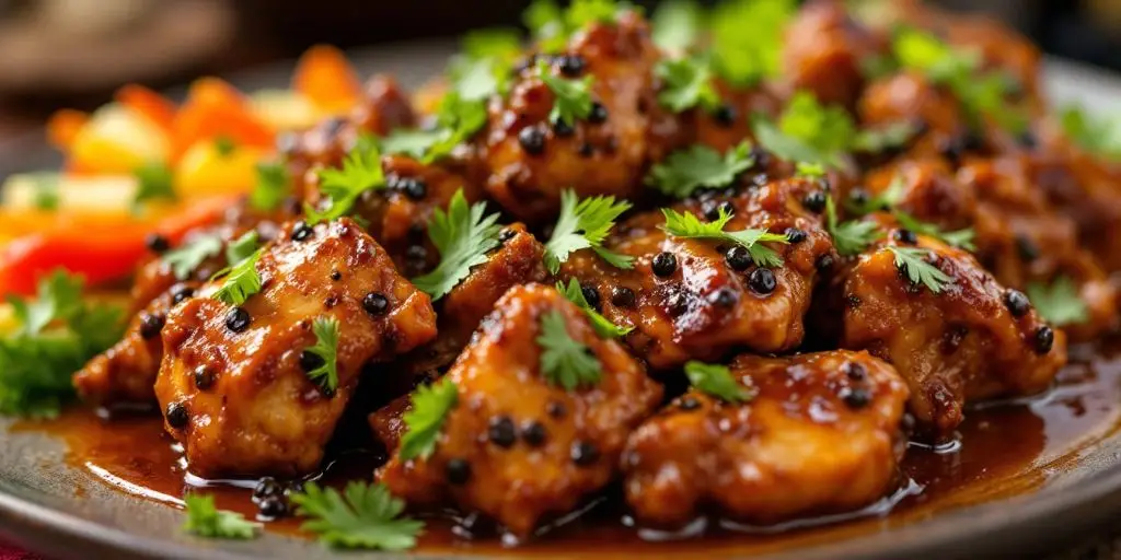 Black pepper chicken with vegetables on a vibrant plate.