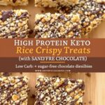 High protein keto rice crispy treats on a wooden board