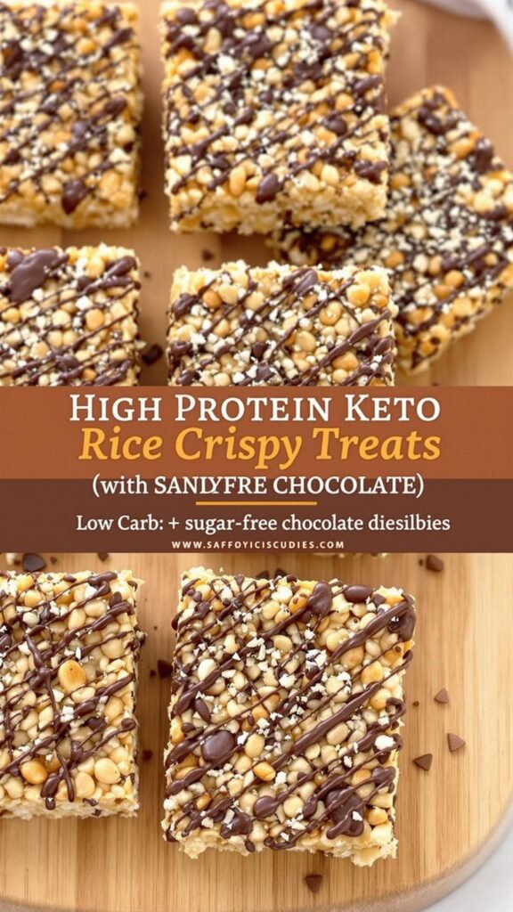 High protein keto rice crispy treats on a wooden board