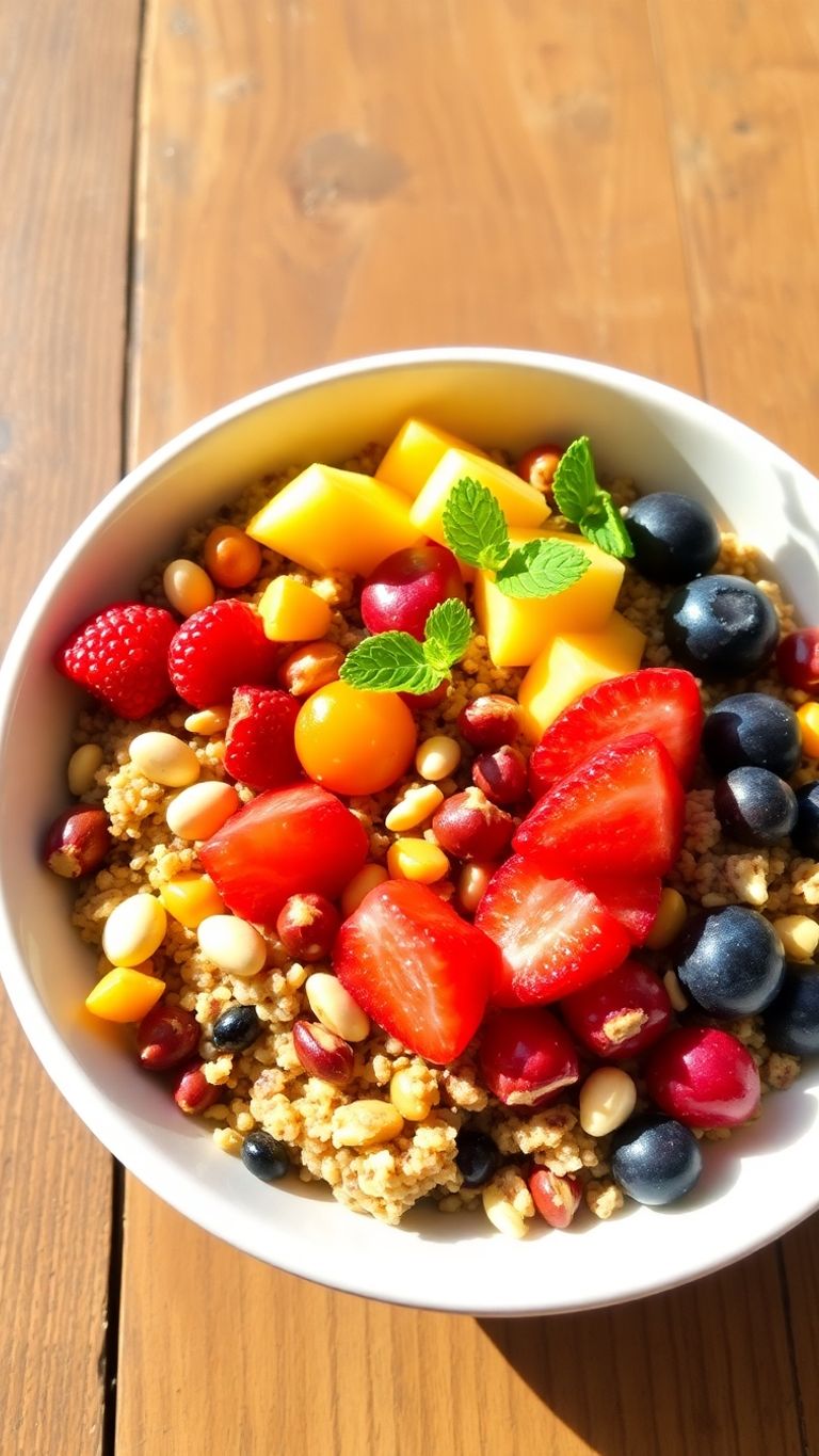 Quinoa breakfast bowl with fruits and nuts on table.