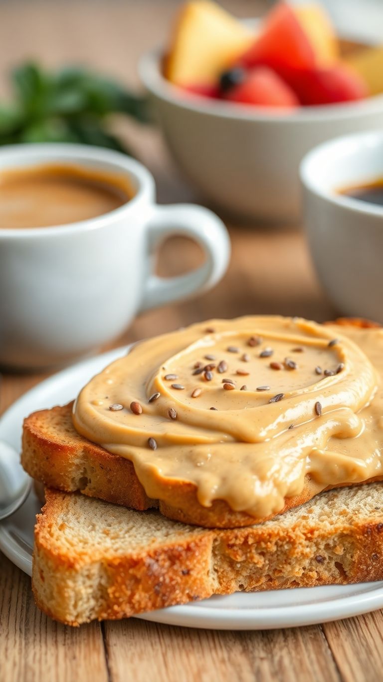 Whole wheat toast with almond butter and chia seeds.