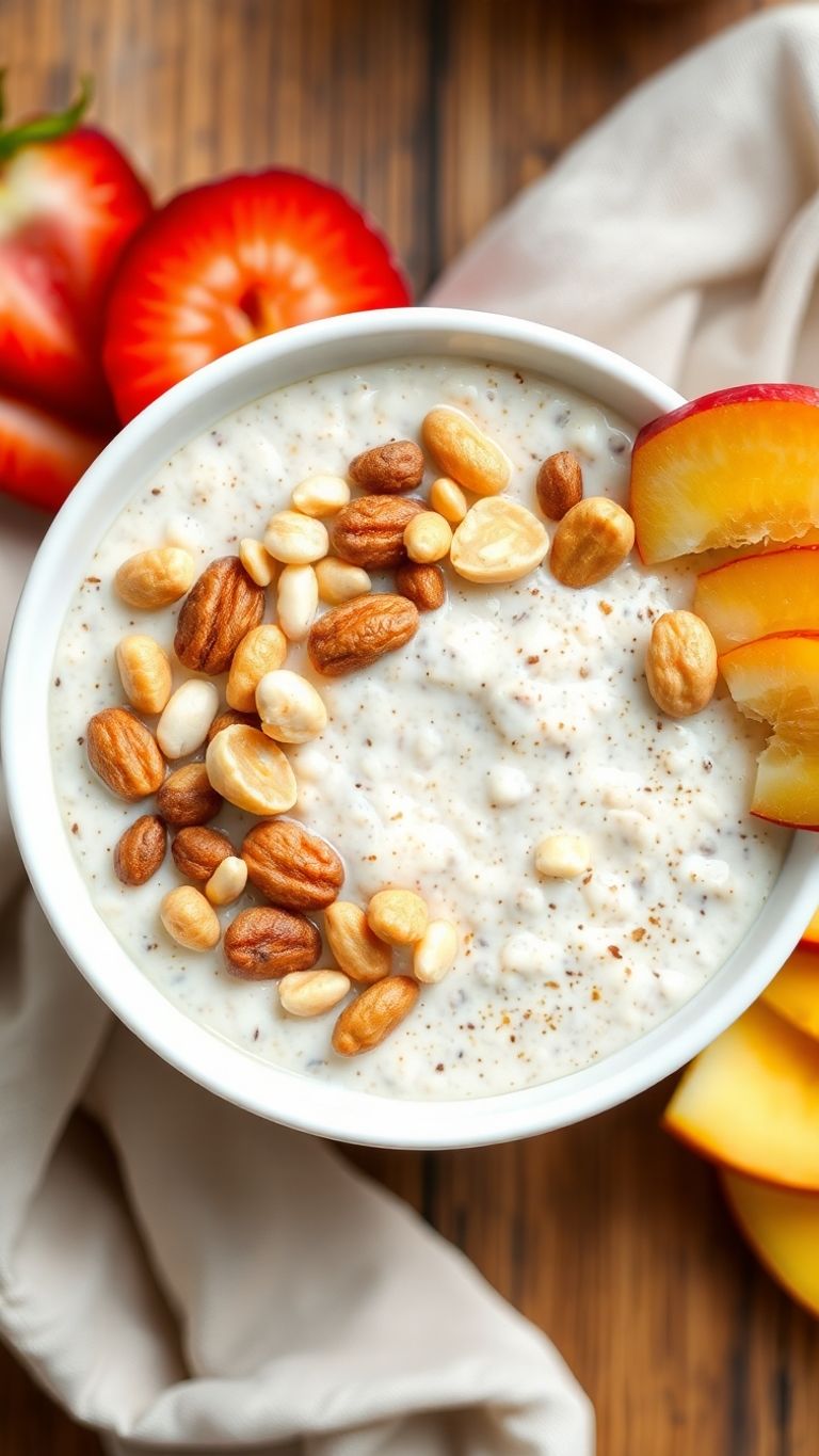 Bowl of overnight oats topped with assorted nuts.