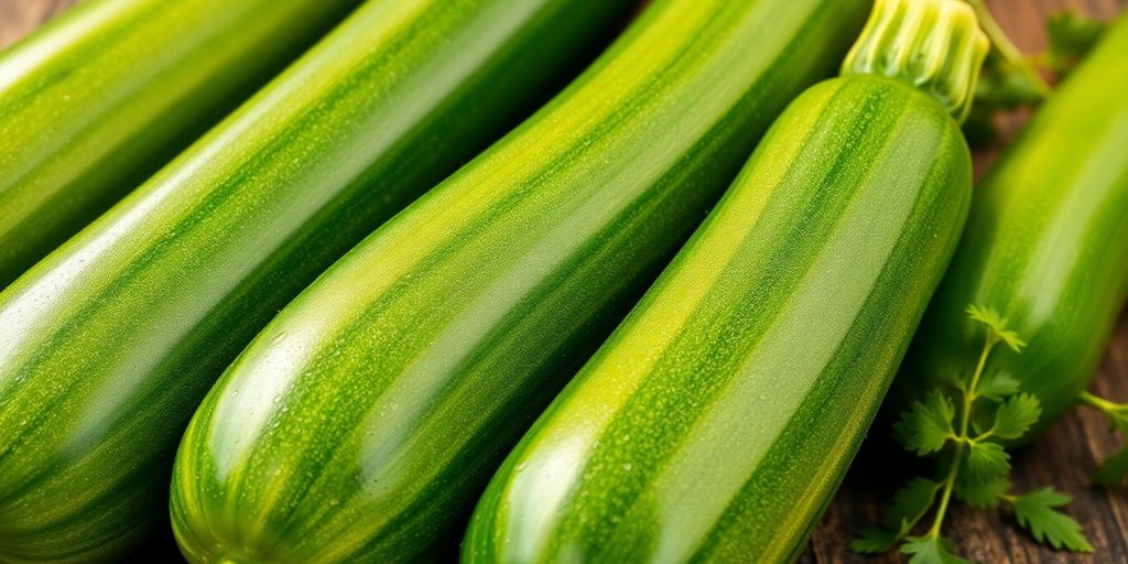 Fresh green zucchinis on a wooden table.