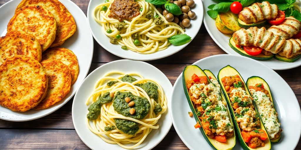 Delicious keto zucchini dishes on a wooden table.