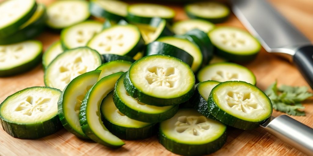 Fresh zucchini slices on a wooden cutting board.