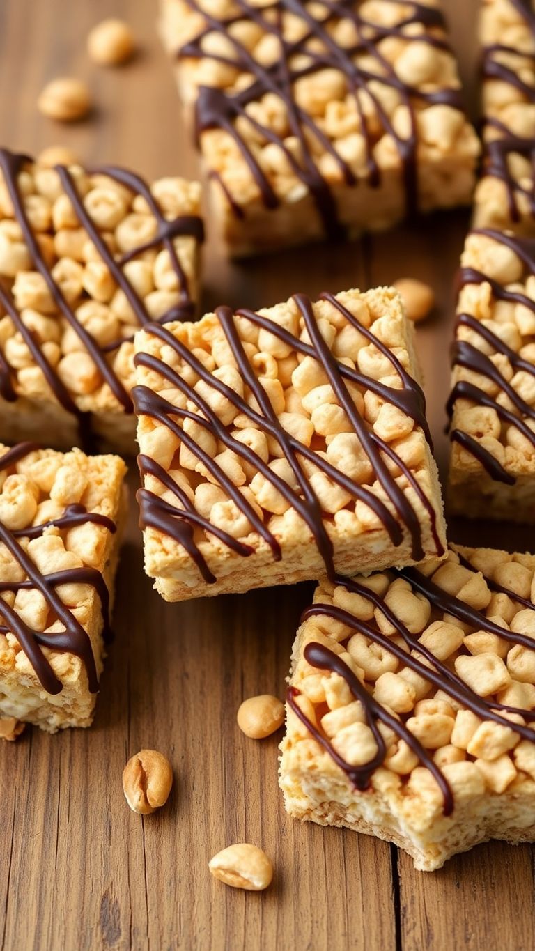 High protein keto rice crispy treats on a wooden table.