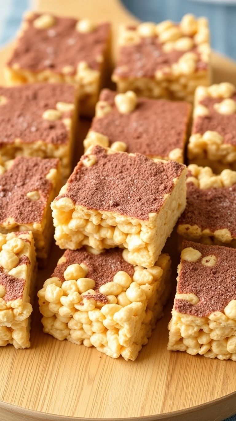 High protein keto rice crispy treats on a wooden board.