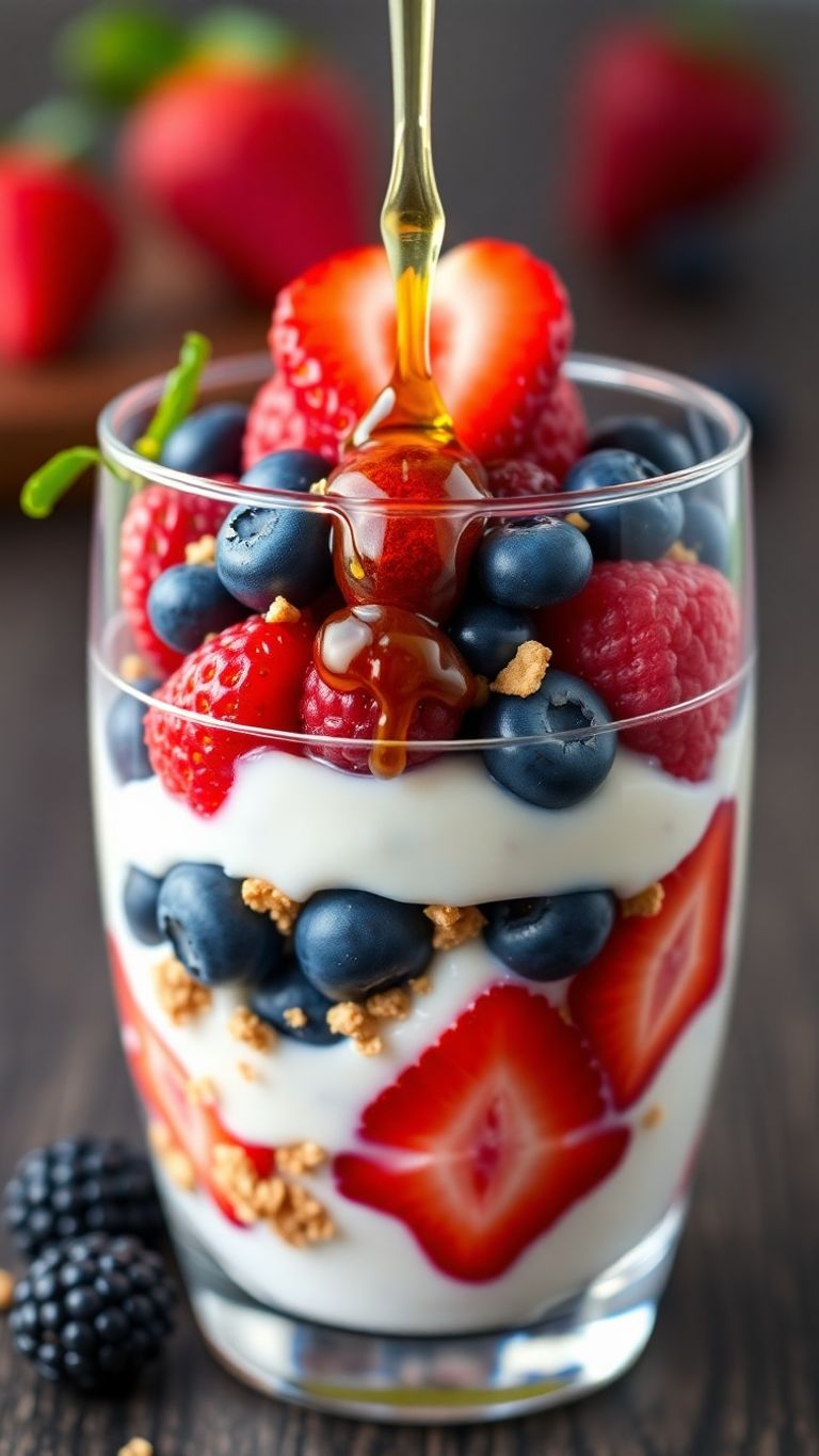 A Greek yogurt parfait with berries and granola.