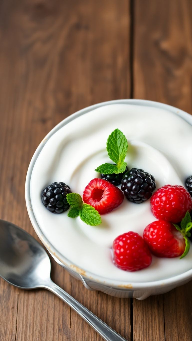 Bowl of YQ by Yoplait plain yogurt with berries.