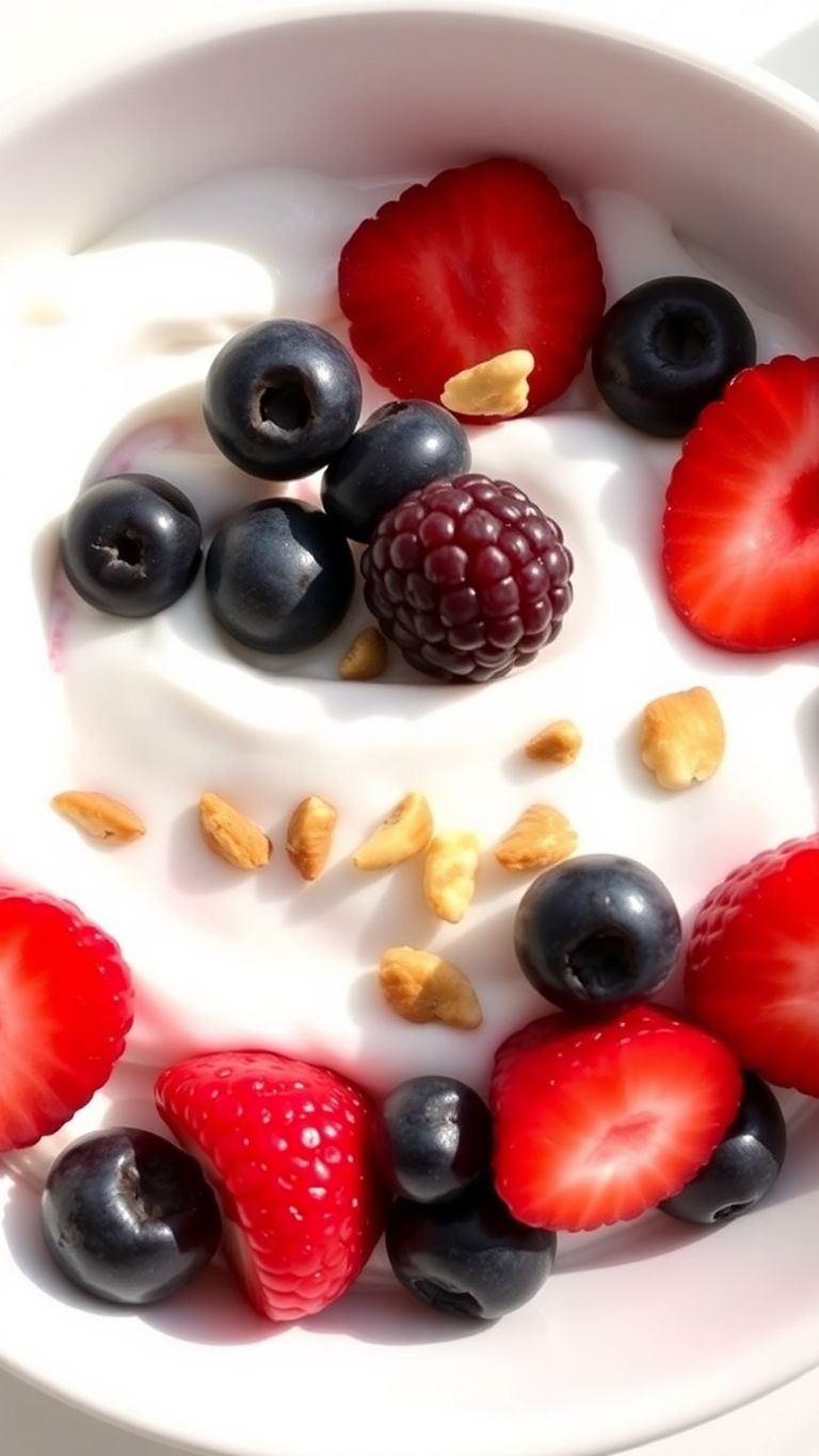 Bowl of almond milk yogurt with fresh berries and nuts.