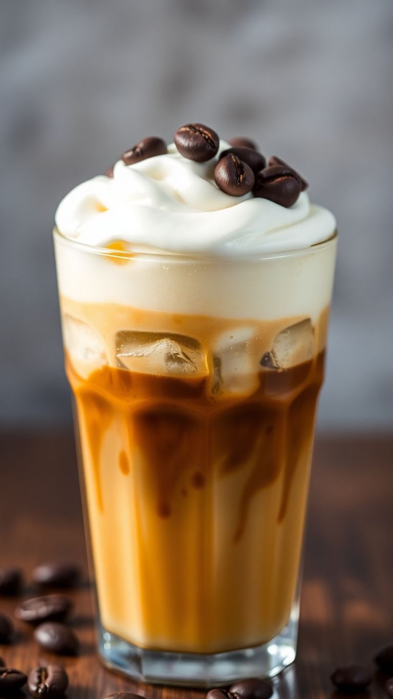 Iced espresso drink with heavy cream and coffee beans.