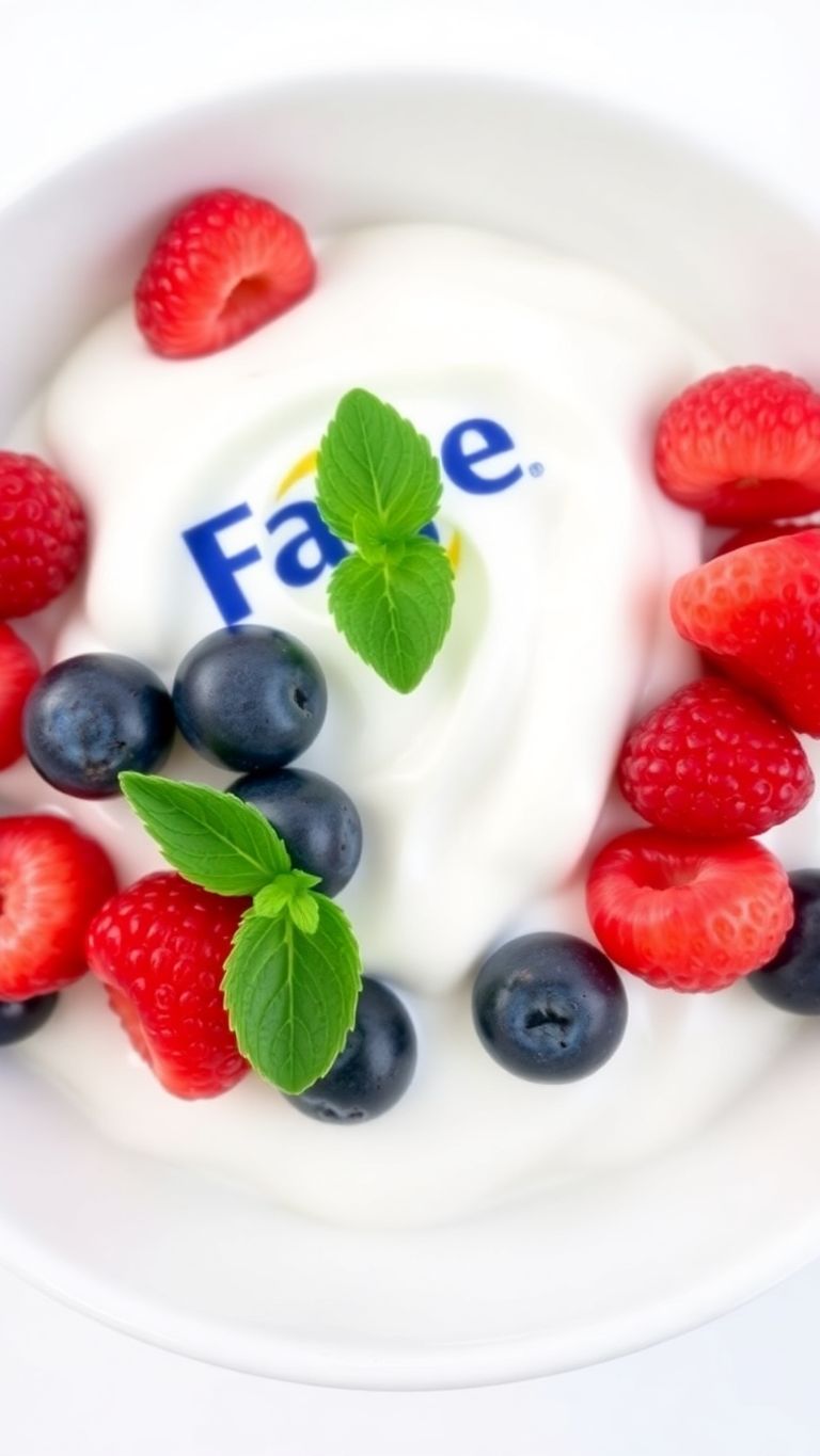 Bowl of Fage Greek yogurt with berries and mint.